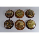 Group of six pot lids in light oak frames, various scenes including Albert Memorial, Royal Harbour