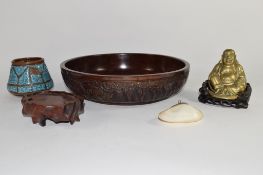 Brass model of Buddha and wooden dish and two further wooden vases