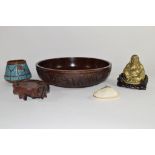 Brass model of Buddha and wooden dish and two further wooden vases