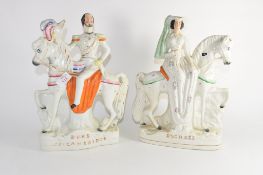 Two Staffordshire figures of The Duke and Duchess of Cambridge on horseback, 36cm high (2)