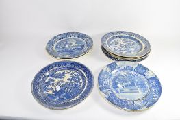 Quantity of ten blue and white decorated plates including Copeland Spode Italian pattern and