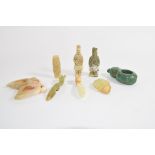 Group of small Chinese jade items and a stone carving of a rabbit and a jade type brush washer, (8)