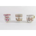 Group of three 18th century Chinese porcelain coffee cups, all with polychrome and gilt