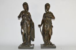 Pair of bronzed metal classical ladies, one impressed T Roudoux (2), 43cm high
