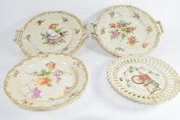 Group of four porcelain plates decorated in Meissen style, some marked "Dresden", largest 28cm diam