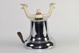 20th century large chromium fire bell with white painted cast metal bracket, 32cm high