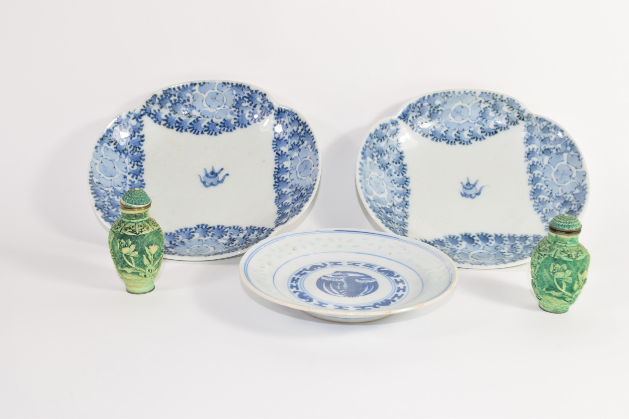 Group of Chinese ceramics including two lobed dishes and a small dish of blue and white design, plus