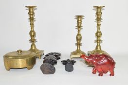 Group of brass wares including three candlesticks, tray and various treen models