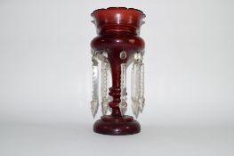 Ruby coloured glass table lustre, 33cm high