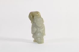 Chinese green jade carving of an Oriental with cat on his shoulder, 8cm high