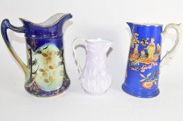 Group of three late 19th century pottery jugs, one by Samuel Alcock, two with chinoiserie designs (