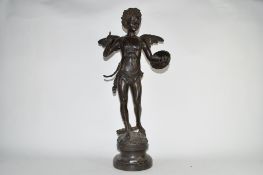 20th century bronzed metal classical figure of a winged warrior on circular base, 60cm high