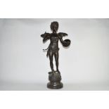 20th century bronzed metal classical figure of a winged warrior on circular base, 60cm high