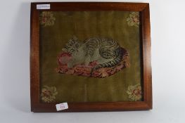 Embroidered figure of a cat in light oak frame