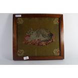 Embroidered figure of a cat in light oak frame