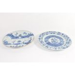 Pair of 18th century Chinese porcelain plates with blue and white decoration (a/f) (2)