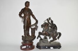 Large French spelter figure of a blacksmith and further spelter model of Edward III (2), tallest