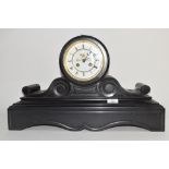 Victorian large black marble mantel clock, circular Roman chapter ring and exposed escapement, 55.