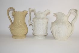 Group of three 19th century relief decorated pottery jugs, one by Charles Meigh, with a Bacchanalian