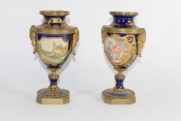 Pair of metal and porcelain vases decorated in Sevres style with metal mounts (2), 21cm high