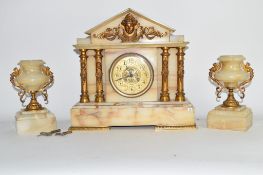 Late 19th century clock garniture, the clock of typical pedimented form, clock case height approx