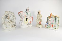 Group of four Staffordshire figures including an arbour group, and gentleman on horseback (4)