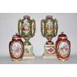 Group of Continental porcelain wares including a pair of vases with covers and decorated with