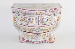 Continental pottery jewellery box, the top decorated with a couple in a landscape scene, the