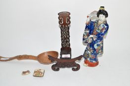 Modern Japanese porcelain model of a Geisha together with an Oriental model of a chair and spoon