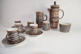 Rye Pottery coffee set comprising coffee pot, milk jug, sugar bowl and six coffee cups and