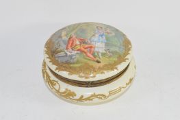 Large circular porcelain box and cover, painted to the top with a lady and gentleman in Sevres style