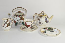 19th century Worcester Japonisme style tea set comprising tea pot with crane and moth decoration,