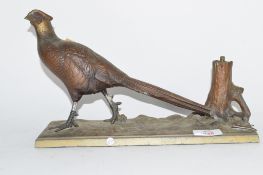 Cold cast metal table lighter depicting a pheasant (a/f), base length approx 31cm