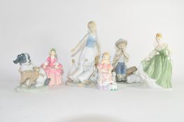 Group of Lladro style figures of a goose girl, puppies, Royal Doulton figures of Curly Locks and