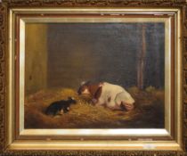 English School (19th century), Cow and calf in a barn, oil on canvas, indistinctly signed lower left