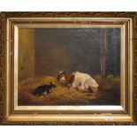 English School (19th century), Cow and calf in a barn, oil on canvas, indistinctly signed lower left