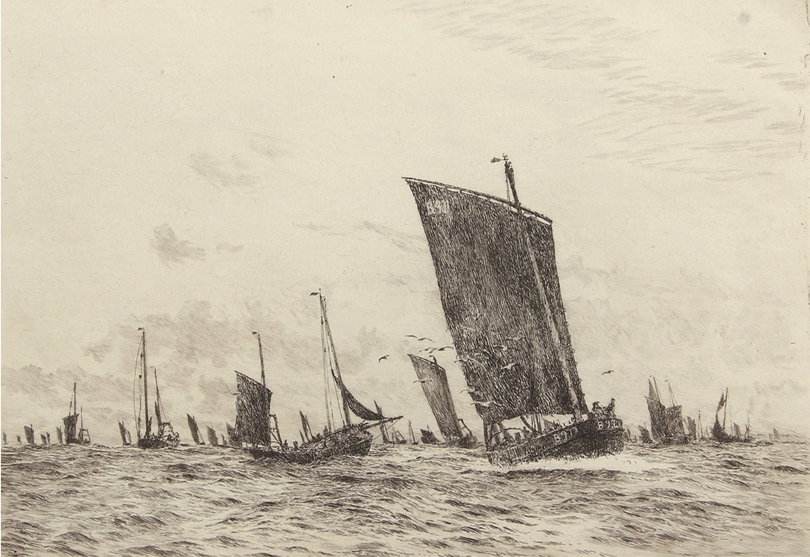 William Lionel Wyllie, RA, RI, RE (1851-1931), "Boulogne fishing luggers", black and white