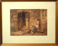 M F Thomas, Feeding the chickens, watercolour, signed and dated 1874 lower left, 20 x 27cm