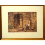 M F Thomas, Feeding the chickens, watercolour, signed and dated 1874 lower left, 20 x 27cm