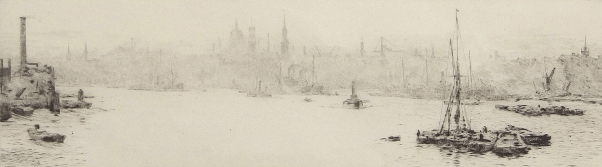 William Lionel Wyllie, RA, RI, RE (1851-1931), "London from Limehouse", black and white etching,