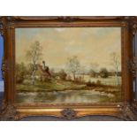H Kuss, Continental river landscape, oil on canvas, signed lower left, 48 x 68cm