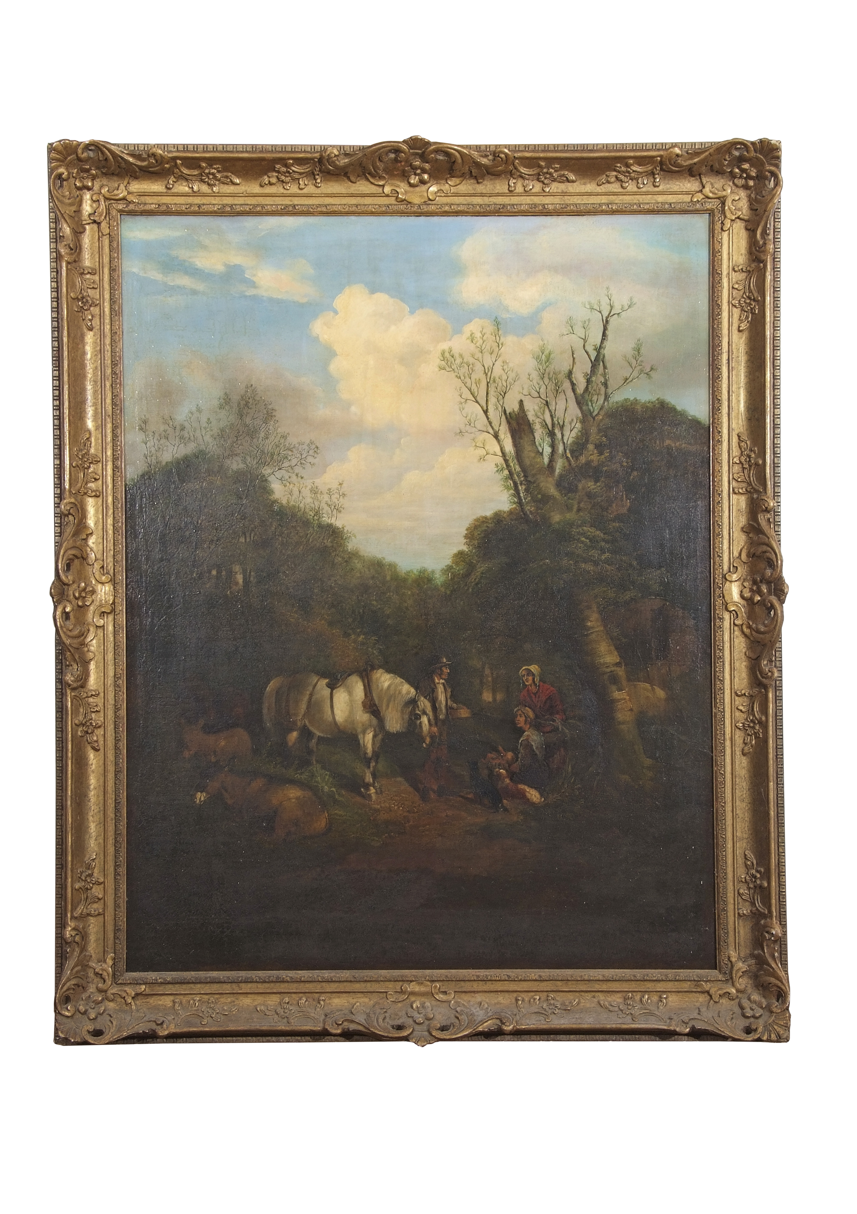English School (19th century), Travellers and animals in country lane, oil on canvas, 95 x 74cm