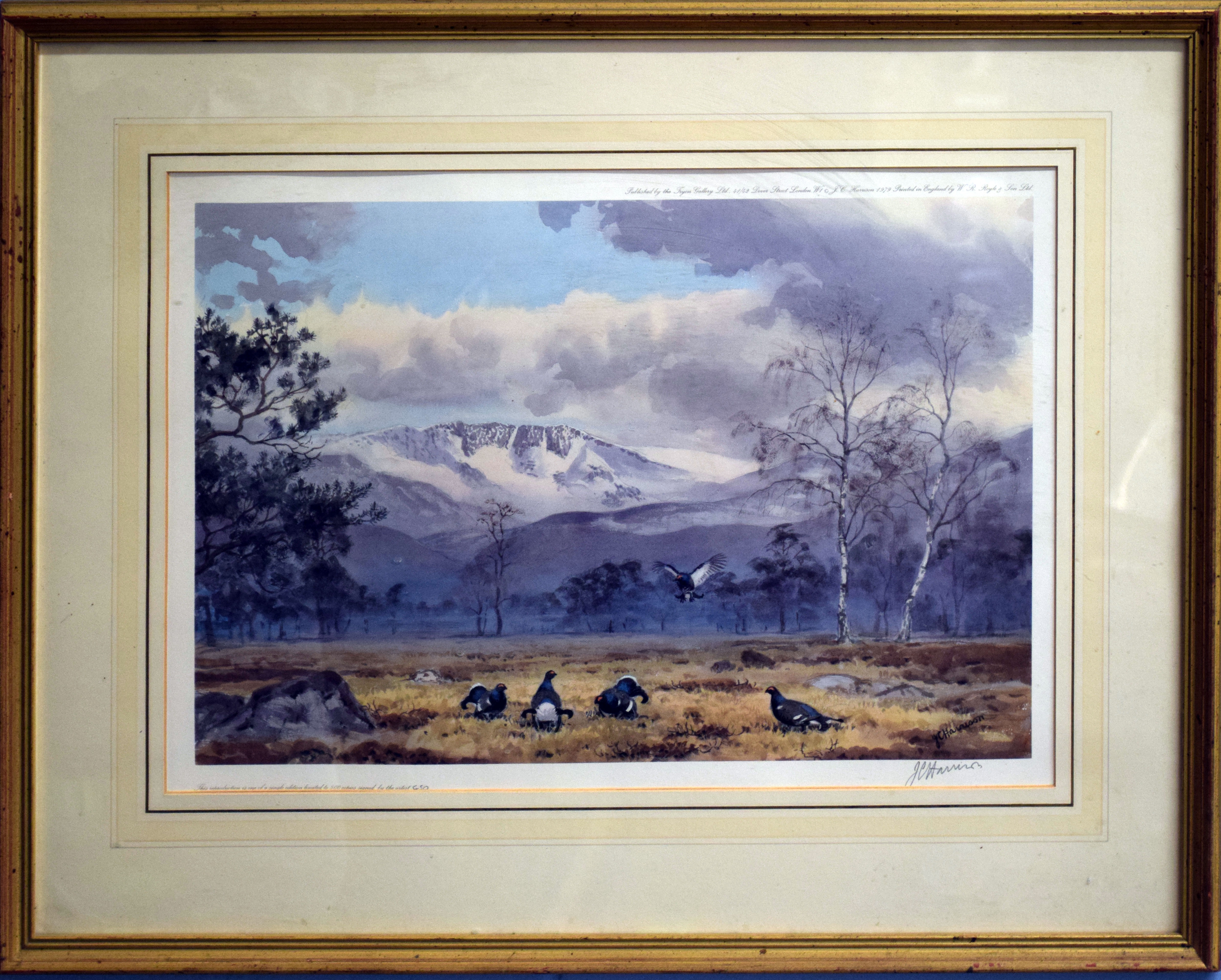 John Cyril Harrison, "Black Game below the Cairngorms", coloured print, signed and numbered 450 in