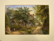 English School (19th century), Woodland scene with figures by a cottage, watercolour, 35 x 50cm,