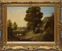 English School (19th century), Landscape with cattle before a cottage, oil on canvas, 33 x 43cm