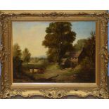 English School (19th century), Landscape with cattle before a cottage, oil on canvas, 33 x 43cm