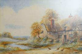 Ernest T Potter, Country cottage with chickens, watercolour, signed lower right, 28 x 43cm