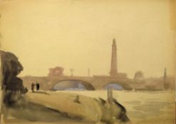 Attributed to Stuart Milner, River scene with bridge, watercolour, 25 x 35cm, unframed