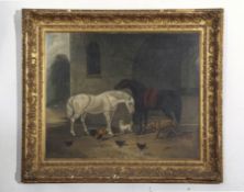 English School (19th century), Horses, dogs and chickens before an archway, oil on canvas, 50 x