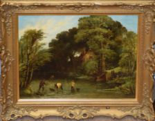 English School (19th century), River landscape with fishermen, 33 x 43cm